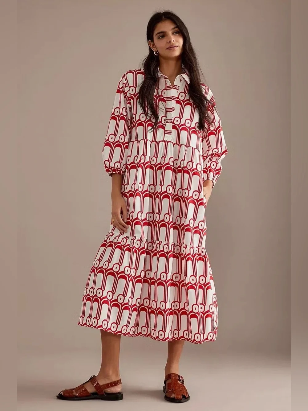 Anthropologie Maeve Bettina Tiered Shirt Midi Dress Red & White